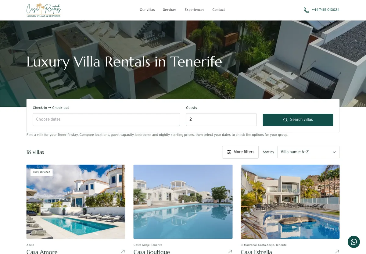 Luxury Casa Rentals website detail