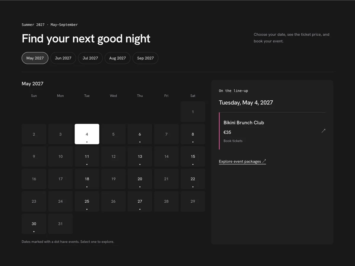 Dark event calendar with month choices, marked dates and an event ticket panel
