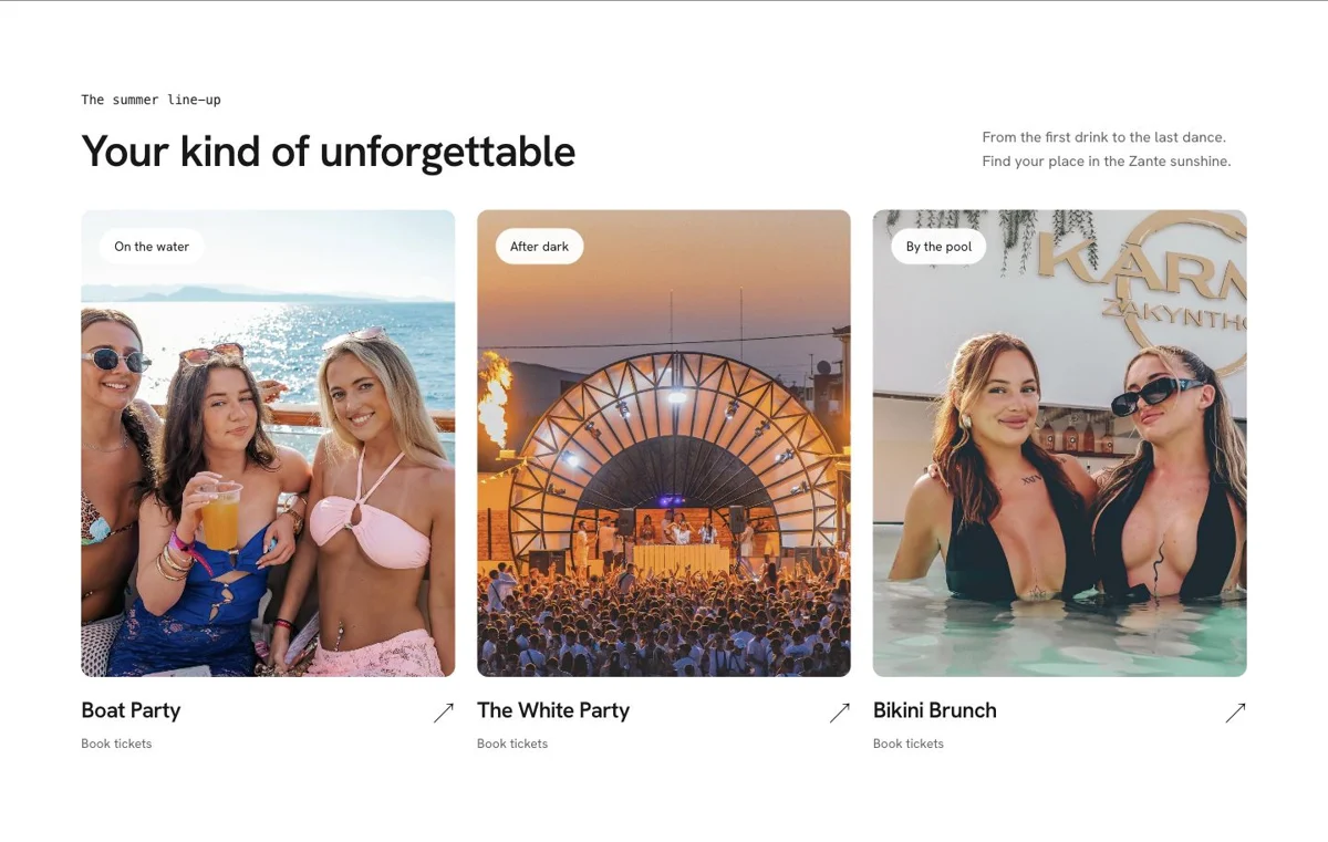 Three event cards for the Boat Party, The White Party and Bikini Brunch