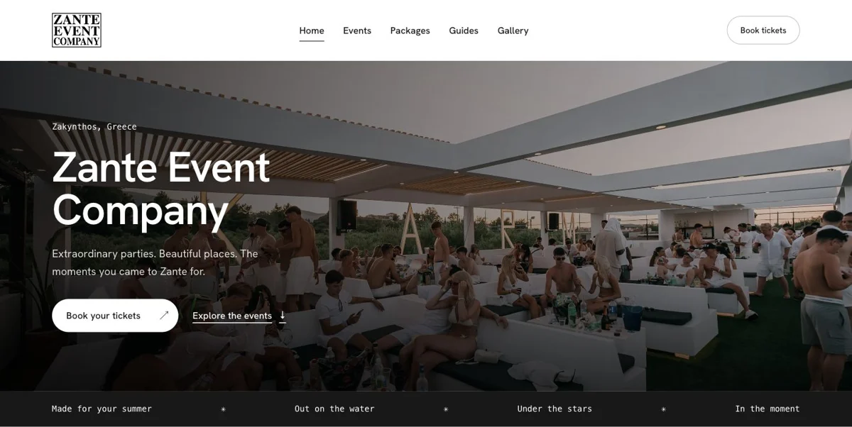 Zante Event Company homepage with a large venue photograph and simple monochrome navigation