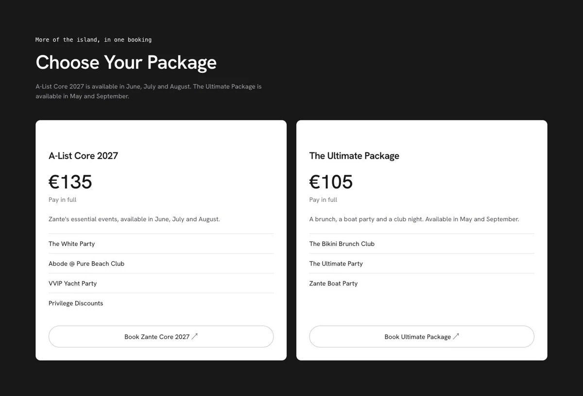 Side-by-side package cards showing inclusions and booking links