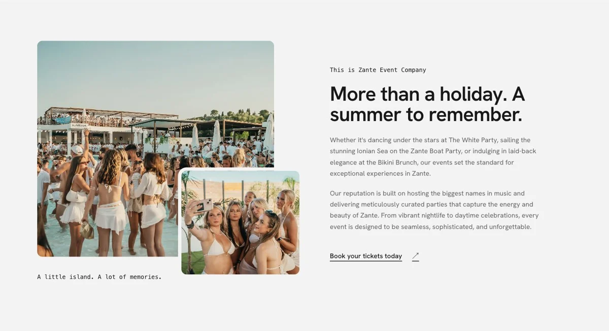 Overlapping event photographs alongside Zante Event Company’s introduction